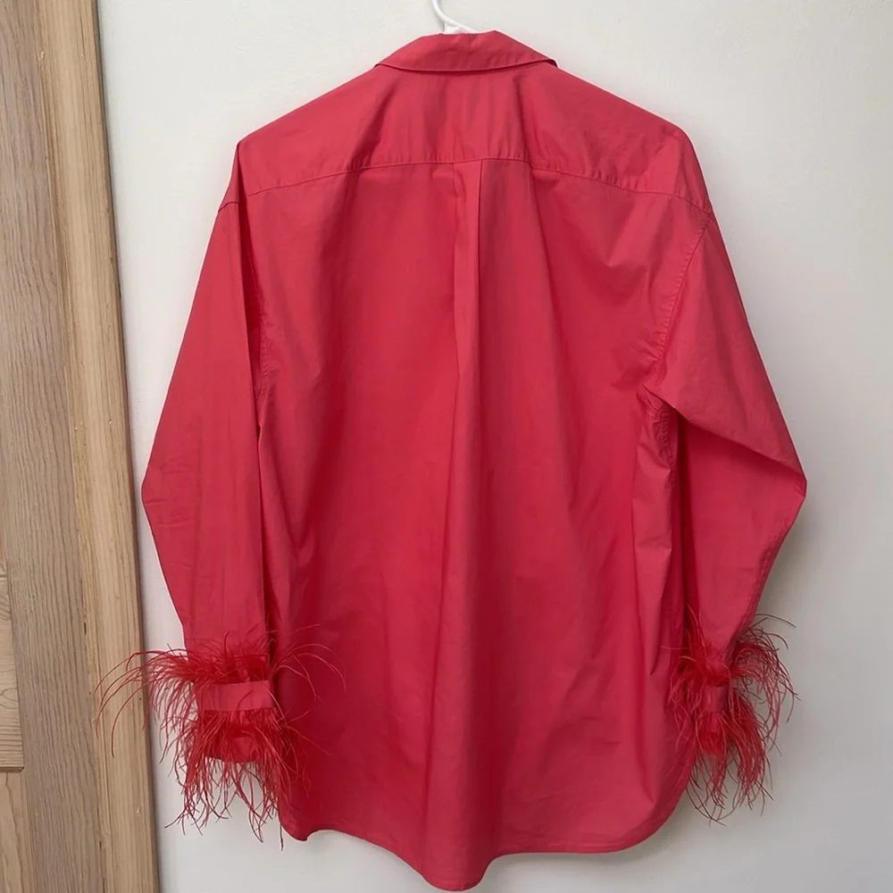 J. Crew Collection top Feather Cuff Trim Cotton Poplin Button Up Down Blouse - Picture 5 of 8